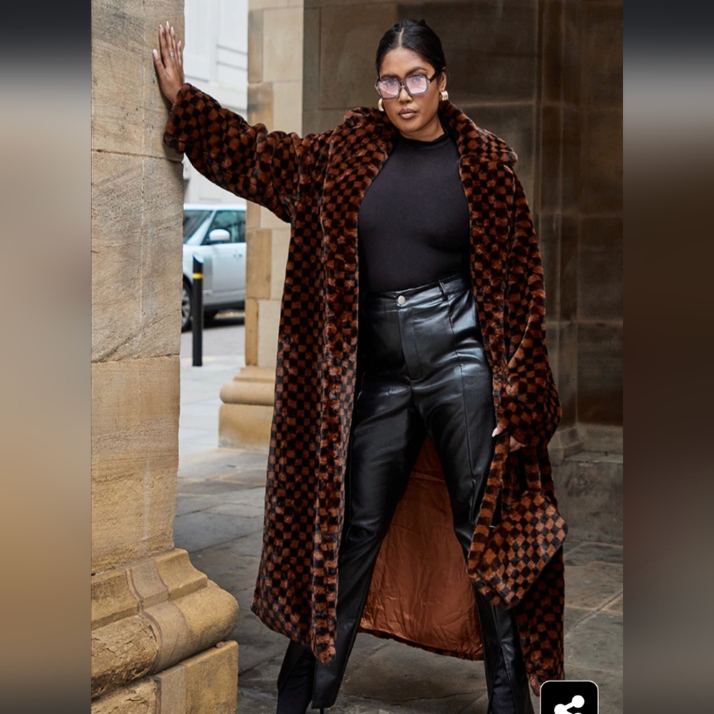 Faux Fur Checkered Coat